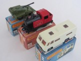 Matchbox Superfast No 70 S-P Gun, No 43 Steam Locomotive and No 54 Mobile Home.  All boxed