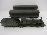Vintage Tinplate Gauge 0 SR (Ex  LSWR) 4-4-0 Outside Third Electric Locomotive and 8-Wheeled Tender together with 2 SR Wood Construction Suburban Bogie Coaches