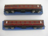 2 x Hornby Dublo D3 LMS Tinplate Coaches First Third and Brake Third, Boxed