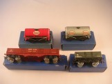 4 x Hornby Dublo Tinplate Wagons.  Silver ''Esso'', ''Esso Royal Daylight'', Bogie Brick and NE Open Wagon.  All Boxed