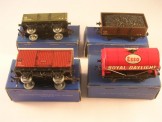 4 x Hornby Dublo Tinplate Wagons.  NE Open, LMS Coal, NE Fish and ''Esso Royal Daylight''.  All Boxed