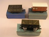3 x Hornby Dublo Tinplate Wagons.  NE Coal Wagon, NE High Sided Wagon (Pale Blue Box) and NE Horse Box.  All Boxed