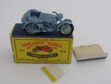 Matchbox Series 1-100 No 4 Triumph 110 and Sidecar.  Steel blue with silver spoked wheels BPT, Boxed.