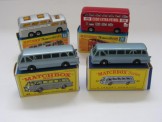 Matchbox No 74 Daimler Bus, No 66 Greyhound Coach and 2 x No 40 Long Distance Coaches with different boxes.  All boxed.
