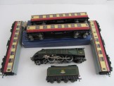 Hornby Dublo 3 Rail Gloss ''Silver King'' Locomotive and Tender and 4 Blood and Custard Tinplate Coaches