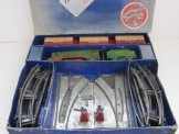 Very Rare Brimtoy Gauge 0 Clockwork 0-4-0 Locomotive and Tender 6201 with 3 Coach Articulated Pullman Coach Set, Boxed